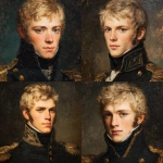 **painted Regency era portrait of a napoleonic era officer. Black uniform, twenty two years old. Blonde with blue eyes. A stoic expression.** - <@645095506447564800> (fast)