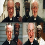 **<https://s.mj.run/cwTvEep8bpY> wearing a catholic priest wardrobe with a crazy insane facial expression, standing beside a Nigerian man who is wearing traditional Nigerian wardrobe, old church in the background, realistic, photorealistic, --ar 16:9 --v 7.0 --s 50** - <@990985509620842596> (fast)