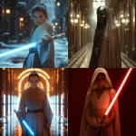 **Star Wars jedi reimagined in the style of belle epoque ; in the style of cinematic style photography, photorealistic images, ray tracing, subsurface-scattering, realistic lighting, live action 3D rendering --v 6.1** - <@838584939930583062> (fast)