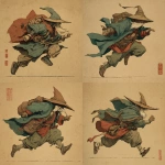 **male goliath monk, wearing a cloak and wizard hat, running, in old japanese art style** - Variations (Strong) by <@324026080451100683> (fast)
