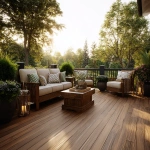 **a magazine quality photo realistic image of a backyard deck. The deck is made out of brown treated lumber that looks new. it is styled with restoration-hardware furniture and has a modern look. It is golden hour in the summer. The photo is for a wood protector ad in a magazine. --ar 5:4** - Image #3 <@1149448379978489937>