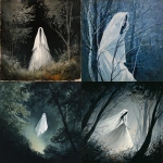 **phantom woman with a white vaporous dress , covered with a veil, floating between the trees melancolic, scary, sad, gouache painting --v 7.0** - <@1282363709964025901> (fast)