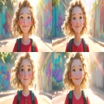 **a medium shot of a realistic illustrated happy 7-year-old Caucasian female student from America, they have a well-defined nose and a well-defined jawline, they have green eyes and curly blonde hair, they stand with their head and neck and shoulders completely square to the camera and facing forward, their entire body is facing forward, they wear a backpack, they have headphones on their head, they stand in front of a white wall with bright graffiti art spray painted on it, it is daytime, the sun is shining bright, high-definition, anime-style, --ar 16:9 --niji 6** - Variations (Subtle) by <@1065025086664474674> (relaxed)