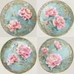 **FLAT 2D vector-inspired art without any shading. It depicts a circular art piece showing a beautiful design that features a soft aqua-blue background with a gilded, vine-like border and an intricate scrollwork pattern in gold. The focal point is beautiful watercolor pink peonies, with subtle greenery. No shading or gradients --v 7.0** - Variations (Strong) by <@1141845422852280493> (turbo)