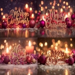 **"Merry Christmas" message in elegant gold and red calligraphy, surrounded by glowing red ornaments, violet ribbons, and pink fairy lights, soft snow falling, warm orange candlelight reflection on frosty glass background. Created Using: Canon EOS R5, festive typography, cinematic holiday lighting, bokeh background, reflective surfaces, lens flare, color harmony design, 4K render quality, hd quality, natural look --ar 4:3 --v 7.0** - <@1327691479602298971> (fast, stealth)