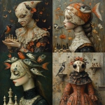 **A full-length picture of a woman with chess, mask multicolor, fish, bird, painting by Naoto Hattori, Didier Lourenço, Kelly McKernan and Hieronymus Bosch --quality 2 --stylize 750 --v 6.1** - <@1051616081585905745> (relaxed)