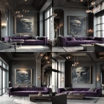 **a framed figurative painting in the style of picasso is hanging on an empty wall above a purple velvet sofa, in a living room with tall ceilings, dark gray walls, modern lighting, and architectural details. the room also features architectural photography, highly detailed. --ar 9:16** - Variations (Strong) by <@1313000520759377972> (fast)