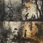 **Little child with cap dances with forest goblins:: divine light, monochrome, burnt sienna, damaged Anthotype print, scratched, dynamic movement --v 6.0 --s 250** - <@1089203343378878556> (fast)