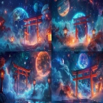 **A sacred Shinto shrine designed as "EmiEmi Shrine", standing on a cosmic path of starlight, with a grand red torii gate glowing before Earth in the background. Around the Earth, other majestic planets like Saturn with glowing rings and Jupiter with colorful storms float in the cosmos, enhancing the divine scale. Visitors feel as if they are arriving for an online shrine worship. The shrine radiates divine golden light, mystical energy flows, ethereal mist drifts around, with sacred lanterns and floating words of light (kotodama). A harmonious blend of Japanese tradition and cosmic fantasy, cinematic, ultra-detailed, photorealistic yet dreamlike, barnacle --ar 16:9 --v 6.0** - Variations (Strong) by <@1027927772519211120> (relaxed)