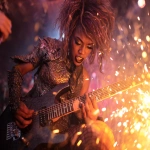 **heavy metal femmerock reptilian 80s hair bandsaw sawing through electric guitars, sparks and debris flying everywhereas the band plays down with the thickness --p djcuvnt --ar 4:3** - Image #3 <@948741381743083580>