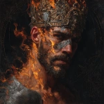 **A wide, front-facing oil painting portrait of a king wearing an awe-inspiring, intricately detailed welding crown adorned with ancient symbols and shimmering jewels that seem to pulse with inner fire. His full face, chest, and upper torso are visible. The left side of his face and shoulder are consumed by vivid, almost supernatural flames ethereal and alive casting dynamic, flickering light that dances wildly across his skin and armor. The flames subtly form ghostly shapes of angels and souls rising, blending spiritual mysticism with raw elemental power. A bold, cracked ash cross, textured like burnt wood and glowing faintly with silver embers, is emblazoned on his forehead a stark symbol of humility, mortality, and divine purification. His expression is calm yet fervent, eyes burning with inner fire and transcendent wisdom, embodying spiritual strength, sacrifice, and rebirth. The dark, textured background pulses with smoky shadows and faint celestial constellations, as if the universe itself watches this sacred moment. Rendered in rich, detailed soft oil brush strokes that give the skin a warm glow, the flames a mesmerizing flow, and the crown a regal grandeur blending hyperrealism with a visionary, almost mystical atmosphere full of emotional intensity and symbolic depth.** - Image #2 <@1097374443979935885>