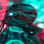**realistic cyberpunk black female at night in a neon city background, red and turquoise. Strong with light from above, on the face. High contrast. The female is looking towards the camera 3/4 view, she has braids and a side shave, glowing eye cyber gear, glowing ear cyber gear. --ar 9:16** - Image #3 <@1174469651695144981>