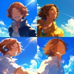 **A close-up portrait of Yosuke Hanamura from Persona 4, in a bright and cheerful summer atmosphere. He is smiling softly under a warm sky filled with blue and white clouds. The lighting is golden and radiant, casting soft highlights on his face and hair. The background evokes a breezy summer day, enhancing the lighthearted and youthful vibe. Rendered in the style of Rella soft, clean lines, expressive features, and beautiful, luminous shading. Use warm tones throughout the composition, with a gentle glow and elegant color transitions. Focus on his gentle eyes and light brown hair moving slightly in the wind. --niji 6** - <@762679659153850410> (relaxed, stealth)