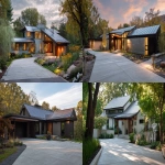 **front driveway view of a soft modern house with sloped metal roof --ar 16:9 --v 7.0** - <@409035117881982988> (fast)