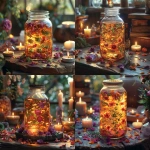 **A glowing glass mason jar filled with golden herbal oil, rose petals, and damiana leaves floating inside, sitting on a wooden altar with candles and crystals, soft warm light, mystical herbal apothecary atmosphere, highly detailed, ethereal and radiant --v 6.0 --s 750** - <@1090630909448949831> (fast)