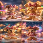**a hyper-realistic gingerbread cookie designed to look like Minnie Mouse, perfectly shaped with smooth baked edges, warm golden-brown texture, and detailed icing; her iconic bow made of red frosting with white polka dots, sparkling slightly like sugar crystals; tiny icing buttons, candy sprinkles outlining her ears, and glossy peppermint details; magical snow falling around her, each snowflake glowing softly like enchanted stardust; colorful Christmas lights blurred in the background creating a dreamy bokeh effect; shimmering fairy dust swirling gently in the air; small festive details around her--tiny candy canes, gumdrops, frosted pine branches, and glowing ornaments; warm cozy lighting reflecting off the icing, ultra-sharp details, cinematic holiday atmosphere, enchanting and whimsical --ar 9:16** - <@228720634434289665> (fast)
