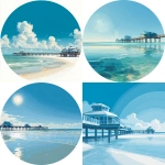 **A bright, circular image, stylized Clearwater Beach including pier 60, Florida in full daylight, featuring the beaches in a minimalist, flat color style. Clean lines, bold colors, and glowing reflections create a vibrant, blue, cartoon-like atmosphere. The scene is bathed in bright midday sunlight, ensuring a pure daytime look. realistic** - <@916477666708848640> (fast)