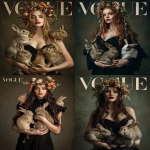 **a vogue photoshoot for "vogue" magazine featuring an elegant woman wearing a black dress, surrounded by rabbits and flowers in the style of a renaissance painting. the photo captures her with long hair adorned with floral wreaths as she holds several bunnies around her. her pose is confident yet graceful, creating a sense of elegance amidst nature's beauty. this composition adds to the overall whimsical atmosphere of fashion and nature. --ar 46:61** - <@267082272199409666> (fast)