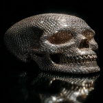 **Human skull covered with diamonds under spotlight, luxurious and macabre, dark background --ar 9:16 --raw** - Image #2 <@1355677392592441550>