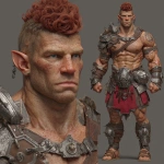 **Character design sheet. Realistic 3d rendering. Character design sheet of a ruggedly handsome, Hyper muscular handsome half orc, bodybuilder, bright silver eyes, short curly red Mohawk, short pointed ears, defined muscles, Huge leg muscles, huge pectoral muscles, big arm muscles, vascular hyper muscular, wide Grecian nose, strong square jaw, defined cheek bones, masculine features, freckles, Bodybuilder, short pointed ears, wearing Roman gladiator armor. --v 7.0** - Image #2 <@1222981214734913607>