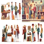 **Vintage spirit isolated cartoon vector illustrations set. Choosing second hand clothes in a shop, buying used goods and antiques on flea market, vinyl records sale, hipster lifestyle vector cartoon. illustration --ar 16:9** - <@1134564384883093594> (relaxed)