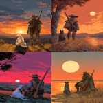 **a man with a metallic arm, a rifle, and a broad brimmed hat looking at the setting sun. his dog is sitting next to him, all done in 8bit art --ar 5:7** - <@481618854582157330> (fast)