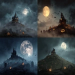 **a halloween themed scene depicting a haunted house atop a hill surrounded by a graveyard. a full moon should be visible in the sky. the scene should include bats, ghosts, mist and jack-o-lanterns. take inspiration from the film Hocus Pocus for atmosphere and aesthetic. the image should be photorealistic. --ar 3:2 --s 50** - <@461803524808900618> (fast)