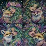**A whimsical watercolor painting of an adorable fox and a beautiful woman embracing in the forest. The woman has long green hair adorned with stars, and the colors are vibrant, with colorful foliage surrounding them. --ar 45:58 --exp 50 --profile xqknh6a --v 7.0** - <@814623906924855356> (fast)