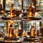 **A realistic amber glass tincture bottle sits on a rustic wooden table with dried fennel seeds, ginger slices, and chamomile flowers scattered around. A polished piece of granite rests beside the bottle, with autumn leaves and a steaming cup of herbal tea in the background. Warm golden sunlight filters through a nearby window, evoking November calm and grounding. --v 6.0 --s 750** - <@1090630909448949831> (fast)