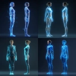 **full body scan of a woman with BMI 25, standing straight, arms relaxed at sides, front and side view, wearing form-fitting bodysuit, futuristic holographic wireframe style, technological aesthetic, neutral expression, short or tied-back hair, digital scan look, glowing blue light, on dark seamless background, studio lighting, professional 3D render, Japanese model, healthy natural figure, commercial advertising photo** - <@1203000771008921600> (fast)