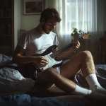 **a guy rocking his electronic guitar at home in his boxershort, he is wearing white socks and a loose white t-shirt, super realistic photo, HD --v 6.1** - Image #2 <@1125339774677426227>