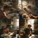 **cinematic still of a young man in a messy kitchen, early morning sunlight through window, spilled coffee on the table, broken ceramic mug, soft natural light, muted tones, warm haze, realistic skin with subtle pores and freckles, fine film grain, shallow depth of field, melancholy mood, realism not plastic, shot on Contax G2 45mm f/2, natural imperfection, everyday chaos aesthetic --v 6.0 --ar 3:4 --raw** - <@1140324697154797598> (fast)
-# Create, explore, and organize on [midjourney.com](<https://midjourney.com/imagine?from_discord=1>)