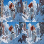 **in the frozen north, the Frost Giant's daughter, beautiful, with snow white skin and long flowing red hair, dressed only in a long white silk scarf, laughs evilly among snow-covered ancient ruins, epic fantasy painting in acrylics, --ar 11:8 --chaos 5** - Variations (Strong) by <@487565392546496524> (fast)