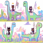 **cute medieval cat rides a diplodocus into battle --ar 3:2 --sref 1198707268 --profile xd6tqqy --sw 400 --stylize 800 --niji 6** - Variations (Strong) by <@937851746712186921> (relaxed)