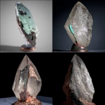 **on display. A random piece of crystal art in the style of Abstract Expressionism art period artists. This crystal has been cracked and broken. The large repair along the side of the quartz is of turquoise stone used to mend it. The base has patina copper and layered black rock. The base is adorned with carved magical sigils. High-end, high-quality cultural design. --c 85 --s 700 --w 450 --v 7.0** - <@923747341717078036> (fast)