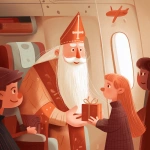 **Saint Nicholas gives a gift to a child in the airplane cabin, a cute commercial illustration in light orange white and bright red tones, adding an atmosphere of Christmas and magic --v 7.0** - Upscaled by <@1178911175929499672> (fast)