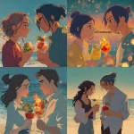 **an illustration anime style simple of two lovers, one woman and one man, looking at each other at the beach in the background, they hold a cocktail, one cocktail with fruits, and another cocktail with spicy berries and fire.** - <@696891766850322503> (fast)