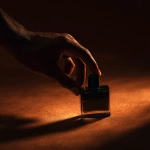 **shadow of masculine hands pulling a small square black glass perfume bottle out of a dark poool of amber colored sensorial oil. The light is diffused and low, revealing texture only in suggestion, not in shine. Every tone sits within a warm spectrum of sienna and tobacco brown. The image feels cinematic and meditative, like the opening frame of a luxury skincare film matte, understated, timeless. ar 21:9 style raw v 6 q 2 uplight low contrast dark tone** - Image #3 <@1137240197814288404>