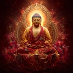 **Highly detailed digital painting of Amitabha Buddha seated in full lotus posture on a large radiant crimson and gold lotus throne, floating amidst cosmic clouds. His expression is calm, solemn, and divine. His eyes are closed, showing deep meditation. He has long earlobes, arched eyebrows, a round top bun, and a glowing red urna on his forehead. His skin is soft and luminous. He wears flowing, elaborately embroidered red and golden-yellow robes, rich with floral and celestial patterns inspired by traditional Chinese thangka and Pure Land Buddhist art. His hands are in Dhyana Mudra, palms upward, right over left, thumbs gently touching. In the center of his chest is the sacred 卍 symbol, glowing faintly. Behind his head is a gigantic radiant halo, with intricate mandala and lotus petal patterns. The halo radiates beams of gold, white, and pink light, blazing outward like a sun of compassion. His entire body is glowing with a soft golden-red aura, and gentle pulses of cosmic light expand outward, merging into the background. The background is majestic and cosmic, a deep crimson sky adorned with glowing floral motifs, swirling energy, falling lotus petals, and mystical golden mist. Celestial textures and sacred geometry enhance the divine presence. The atmosphere is grand, transcendent, and filled with deep spiritual warmth. Vertical format, ultra-detailed, cinematic lighting, with subtle Studio Ghibli-style anime aesthetics blended with sacred Buddhist iconography. Perfect for depicting Amitabha Buddha in a divine oracle card or spiritual thangka.** - Image #2 <@1056980764291514368>
