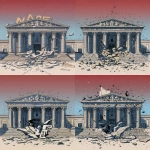 **Include visible shattered inscription reading ‘One Person, One Vote’, crumbling statues of blindfolded justice above, fractured pillars exposing dark interior reading ‘VRA Section 2,’ rubble shaped like words ‘Suppression’ and ‘Silenced’, editorial-style cartoon, halftone print texture, subtle tan background wash, inspired by Matt Wuerker. --ar 9:16** - Remix (Subtle) by <@925081513199017995> (fast)