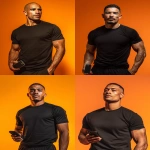 **Editorial portrait of a 30-year-old Brazilian man with an athletic physique, wearing a plain black personal trainer uniform, posing while holding a cell phone in his right hand and the other on his hip. The image should capture the figure from the waist up. The background is a solid, infinite orange background. Professional lighting with a 45° softbox as the main light and a soft contour light to separate the model from the background, resulting in balanced and realistic shadows. Captured with a Canon EOS R5 camera and 85mm f/1.8 prime lens, f/5.6 aperture, ISO 100, shutter speed 1/160s, preserving the entire dynamic range. The skin should be as realistic as possible: open and visible pores, natural uneven texture, slight photographic grain, micro-details of expression lines, subtle dark circles and crow's feet preserved, soft glow in illuminated areas, balanced contrast between light and shadow, without excessive smoothing. The hair and clothing fabrics should have rich and detailed texture. Negative points: artificial skin, 3D/cartoon-like appearance, strange eyes, deformities, excessive saturation or sharpness, excessive artificial lighting, aggressive vignettes. --ar 3:4** - <@1088178834882433214> (fast)
-# Create, explore, and organize on [midjourney.com](<https://midjourney.com/imagine?from_discord=1>)