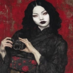 **eerie painting with a color scheme of monochromatic black and white with a pop of Color. The painting uses cross-hatching and palette knife techniques, inspired by analog horror, grunge Polaroids, ukiyo-e and retro Japanese horror. The mood is mysterious and unsettling --exp 50 --stylize 1000 --p djcuvnt --ar 4:5 --v 7.0** - Image #4 <@948741381743083580>