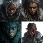 **a female character, a dwarven woman, Dark gray skin, matted hair, intense eyes, in the style of an oil painting, high fantasy setting, winter attire, stern expression, dirty, chipped teeth** - <@292486228132233216> (fast)