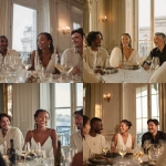 **Portrait of friends at a dinner table in a luxury apartment, French neoclassical style. They are between 39 and 45 years old, all wearing minimalist clothing in neutral tones, casually drinking wine. They are a diverse group: a dark-skinned Black woman wearing an elegant off-white dress with braided hair, an Asian man, and a white woman and man. The setting is a dining room with large windows, high ceilings, soft lighting, and a relaxed atmosphere.** - <@1128428931243057244> (fast)