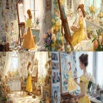 **A girl in a yellow dress paints at her easel in a bright room with flowers by the window. The painting is filled with Disney-style cartoon characters, hand-drawn sketches, watercolor brushstrokes, doodles, crayons, and fairy tale illustrations. The high-resolution and rich detail of the painting make it a masterpiece of digital painting in the style of anime. The portrait depicts a lovely female character against a white background, showing her full body. --ar 16:9 --v 7.0** - <@1150458218460479559> (fast)