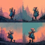 **<https://s.mj.run/RTecCqauTFQ> Reimagine this clean cartoon illustration in a painterly, atmospheric style. Use muted earthy tones blended with halloween colored pastels, textured brush strokes, and hazy gradients in the sky. Hiking through the forest with his cat. In the Pacific Northwest near the mountains during blue hour. Apply loose, expressive linework with subtle shading, crosshatching, and worn textures. Add depth and warmth through cinematic lighting and moody color grading. Expressions should remain exaggerated yet nuanced, balancing humor and melancholy within an atmospheric, storybook-like setting. Color Palette: 20% pastel periwinkle 40% pastel cotton candy 20% pastel sekura pink 10% pastel celadon 10% pastel black** - Variations (Strong) by <@757787837981786134> (fast)