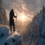 **drone shot cinematic image fantasy of a viking nord wearing fur high on a pine forest mountain holding up a sword in the epic sun flair, winter --ar 16:9** - Image #4 <@472489791414337556>