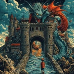 **children's book illustration of the entrance of the dragon town with a boy who tries to get in --sref <https://s.mj.run/wdUv8LKTWIM> --s 250 --v 6.1 --raw** - Upscaled (Subtle) by <@1071135204846096475> (fast)