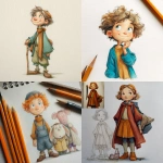 **character design, in style of children's book illustration with colored pencils painting** - <@1202719359680774145> (fast)