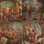 **vintage travel brochure of bodybuilders flexing --p qlwqm7e** - <@538878031226470440> (relaxed)